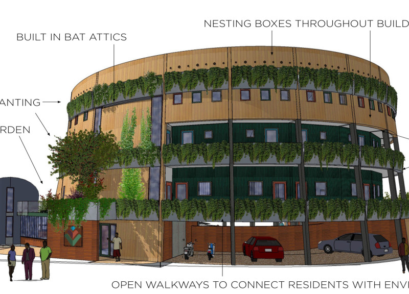 Charred Wooden Shingles and Green Roofs in a Flexible Community Hub  