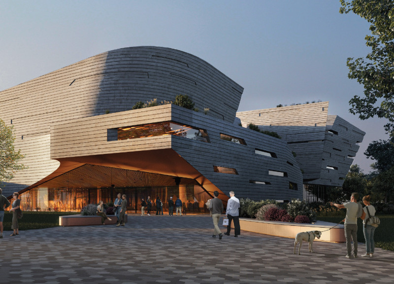 Charred Wooden Shingles and Cross-Laminated Timber Define a Multifunctional Community Hub