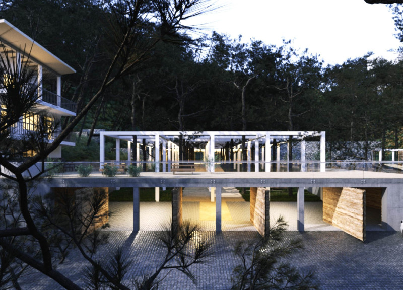 Charred Wooden Shingles and Glass Walls Defining Community Spaces in a Transformed Quarry Landscape  