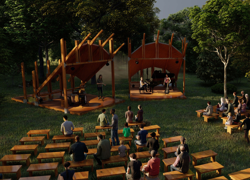 Charred Wooden Shingles Embrace Community Space with Cross-Laminated Timber Panels