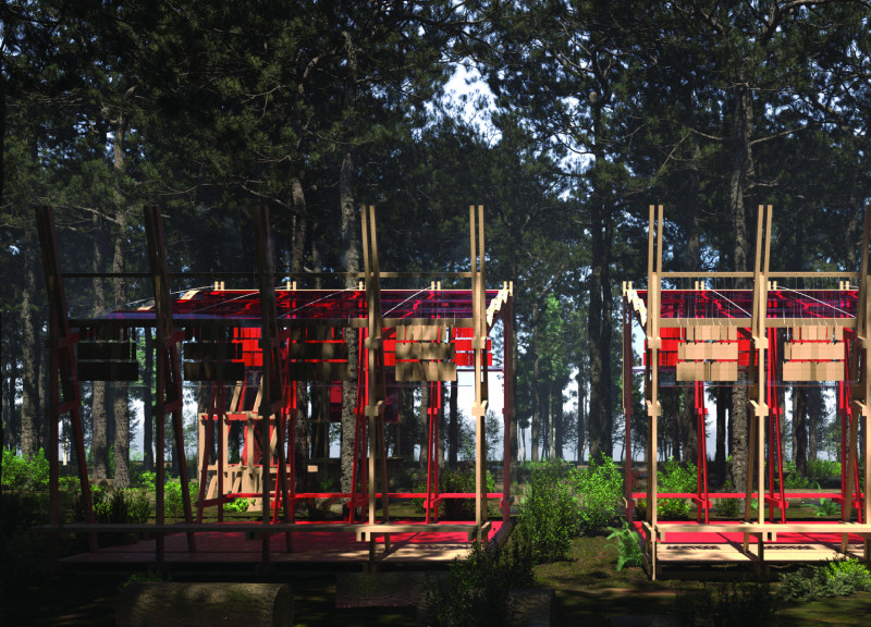 Charred Wooden Shingles and Cross-Laminated Timber Panels in A Harmonious Community Space