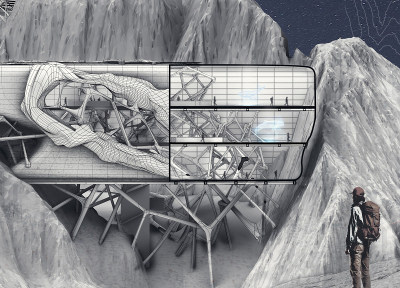 Curvilinear Structure Featuring Transparent Façade and Sustainable Rammed Earth Design