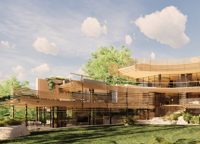 Charred Wooden Shingles and Cross-Laminated Timber Panels in a Community-Centric Space