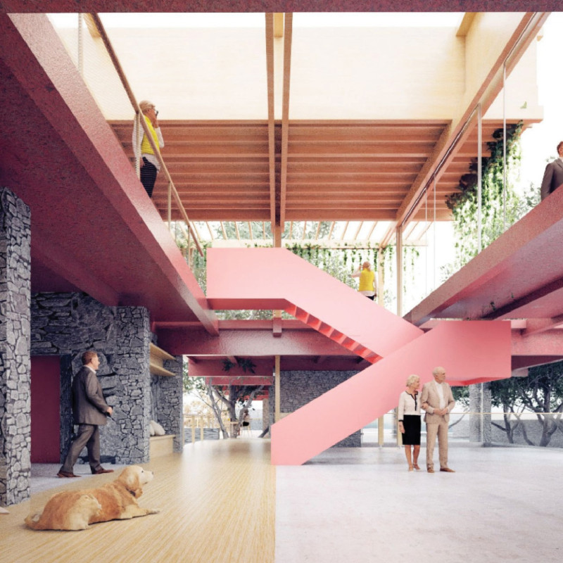 Curvilinear Roof Crafted from Reclaimed Wood Panels Enhancing Community Engagement Spaces