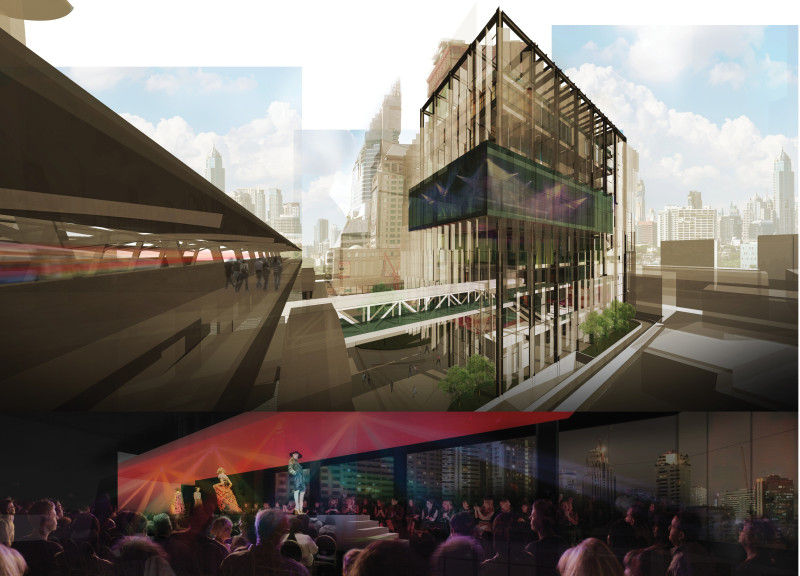 Dynamic Facade of Glass and Steel Integrating Lush Greenery in a Versatile Community Hub
