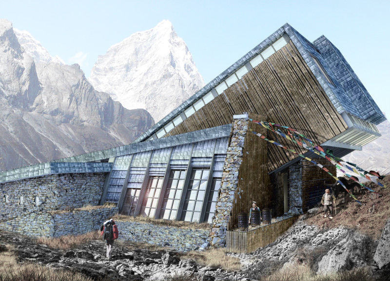 Charred Wooden Shingles and Stacked Stone Create A High-Altitude Community Refuge