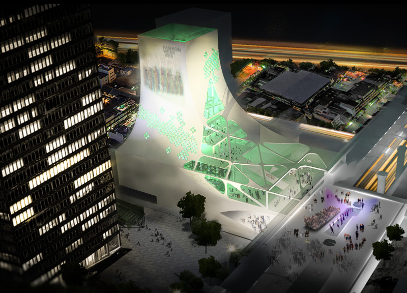 Dynamic LCD Facade With Integrated Skywalk in Concrete And Glass Community Hub