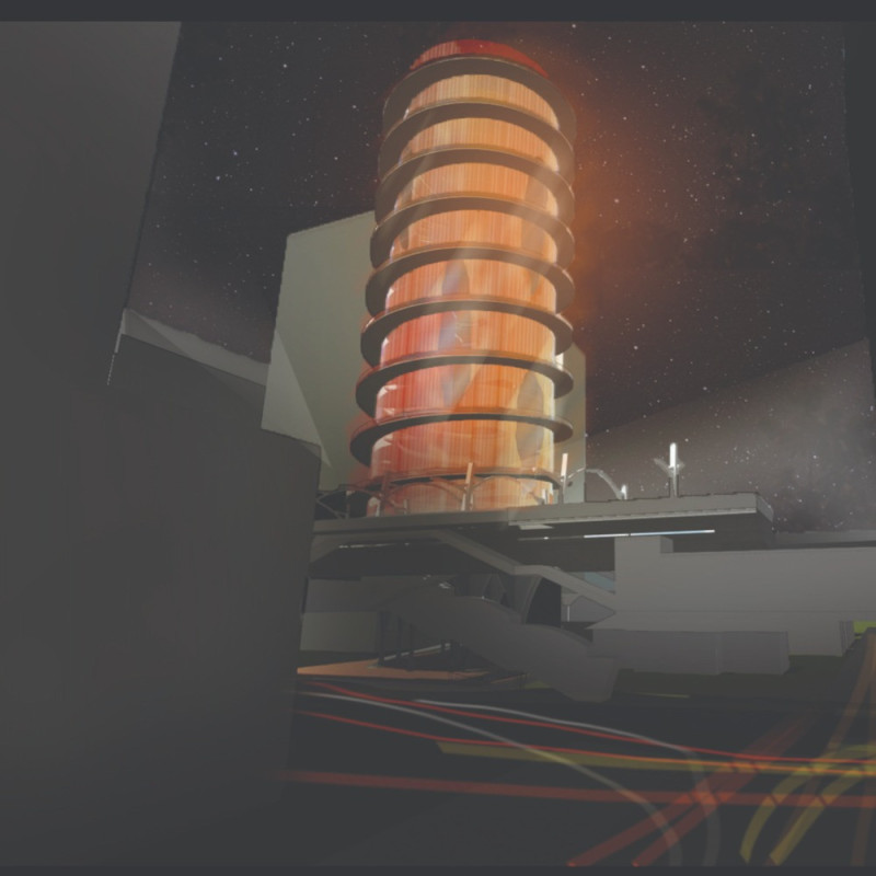 Cylindrical Structure Featuring Fiber Optic Facade and Reflective Materials for a Fashion Hub