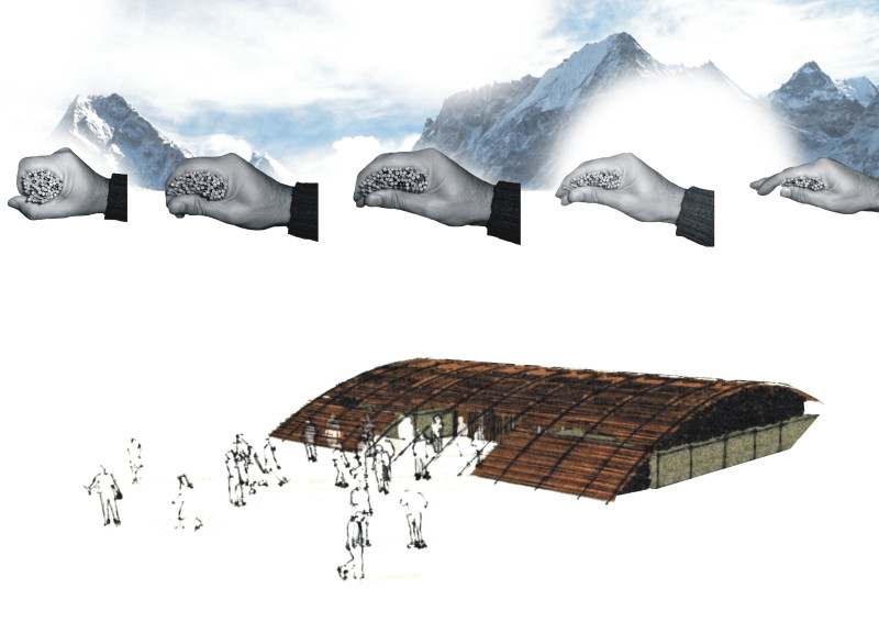 Curved Structure with Local Stone and Cross-Laminated Timber in a Mountainous Environment