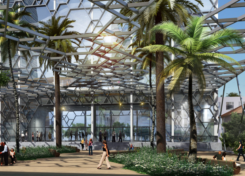 Hexagonal Facade of Glass and Aluminium Enhanced by Native Landscaping for Educational and Community Spaces