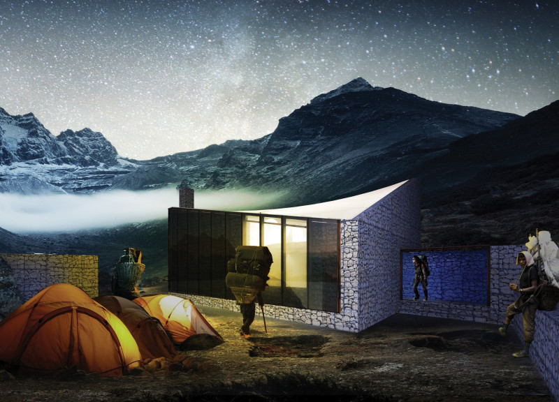 Gabion Walls and Membrane Roof Create Eco-Friendly Refuge in High-Altitude Terrain