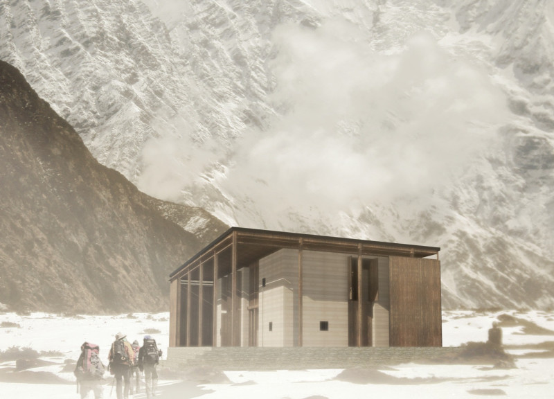 Mountain hut utilizing rammed earth and locally sourced hardwood for sustainable refuge in the Himalayas