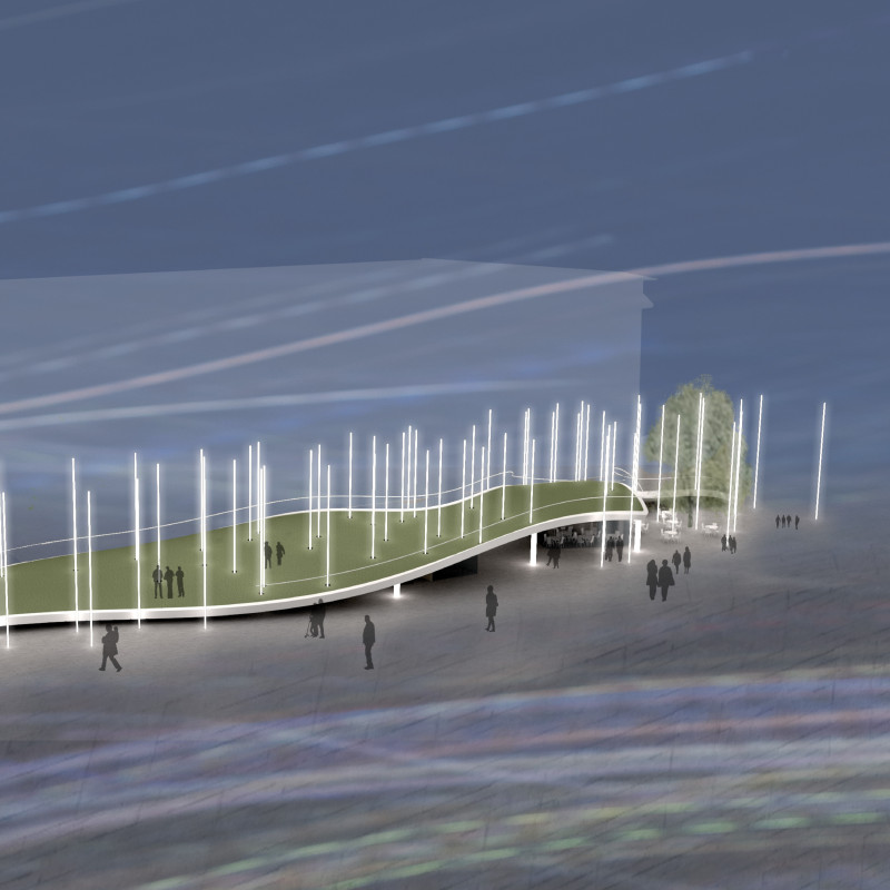 Illuminated Articulation Of Photovoltaic Glass And Charred Timber Within A Public Gathering Space