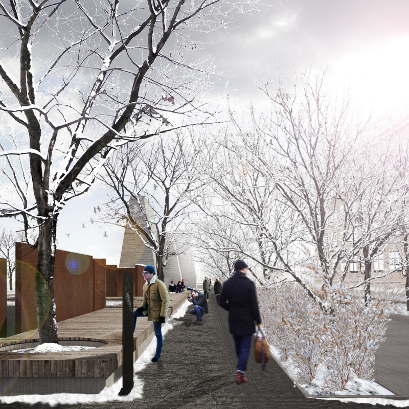 Charred Steel and Concrete Slabs Create a Reflective Memorial Space Celebrating Unity and Resilience  
