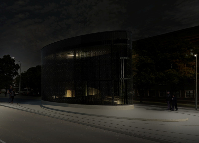 Illuminated Handprints Within A Curved Glazing Facade And Concrete Memorial Space  
