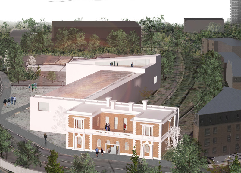 Community hub featuring cross-laminated timber panels and charred wooden shingles in a sustainable urban setting  