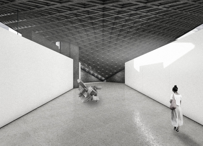 Community plaza featuring a hyperbolic paraboloid roof and sustainable concrete materials  