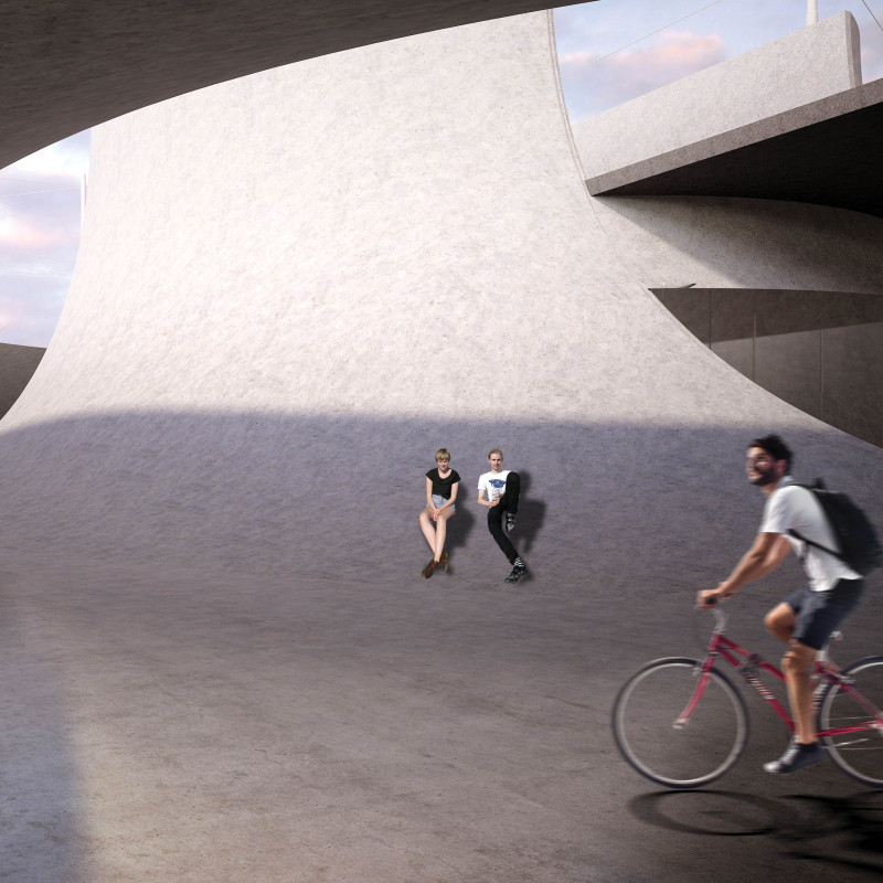 Submerged Public Square Embracing Smooth Concrete and Natural Light for Enhanced Social Interaction  
