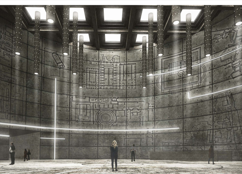 Transparent Glass Facade With Reinforced Concrete Volume and Engraved Historical Elements