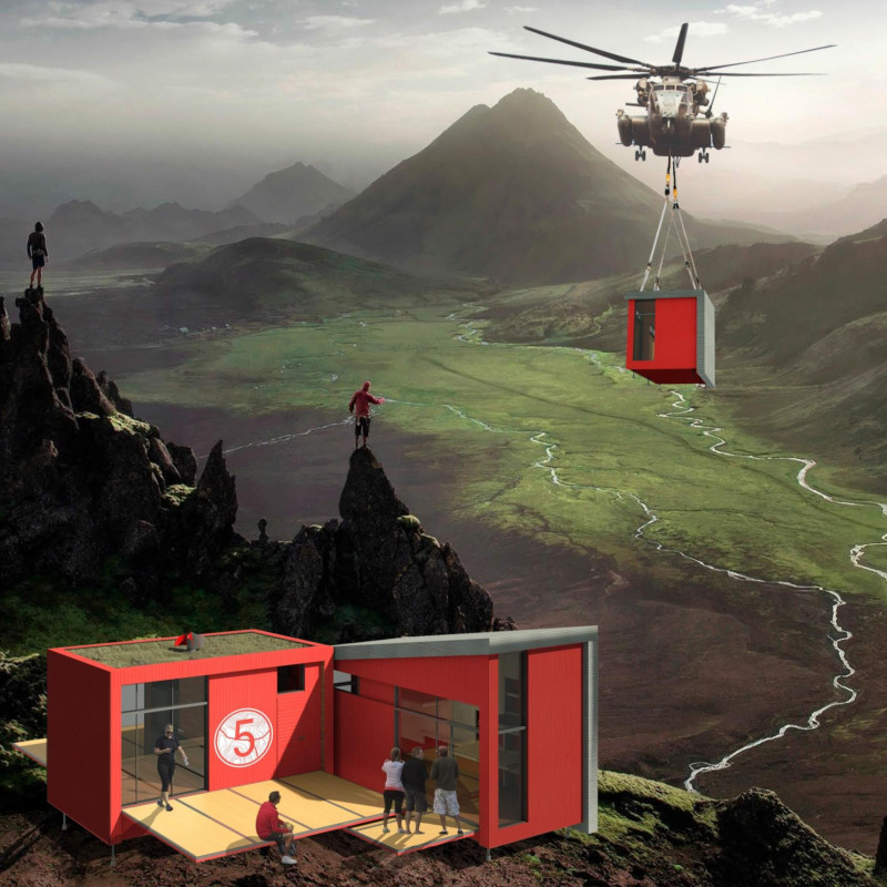 Charred Wooden Shingles Combined With Green Roofs in Modular Accommodation for Trekking Enthusiasts