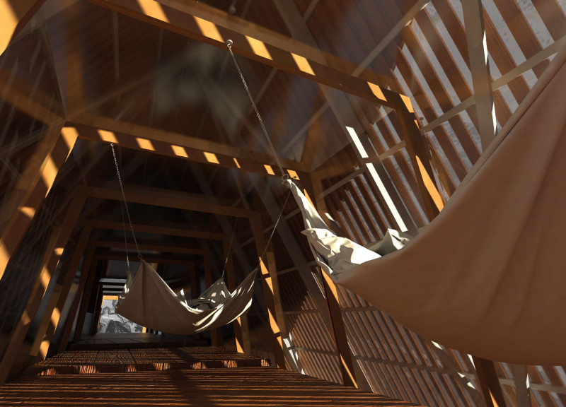 Retreat utilizing resalvaged timber and a triangular form for sustainable mountain living