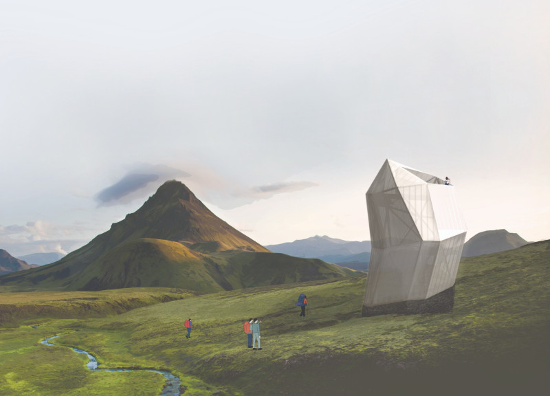 Faceted Design with Volcanic Rock and Polycarbonate Panels for a Sustainable Travellers' Hut