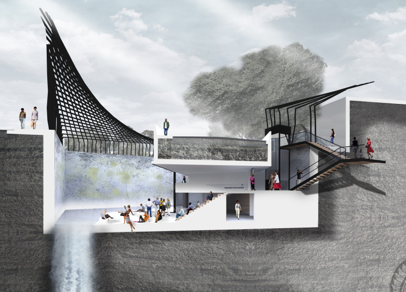 Educational Space Featuring Steel Lattice and Natural Wood Integration Within an Urban Environment