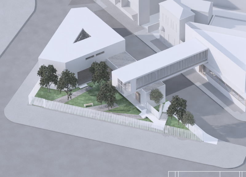 Community Space Featuring Elevated Art Gallery with Concrete and Glass Façade and Repurposed Structural Elements
