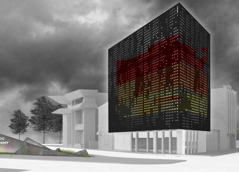 Tattoo Academy Featuring Punctured Metal Facade and Integrated Greenery