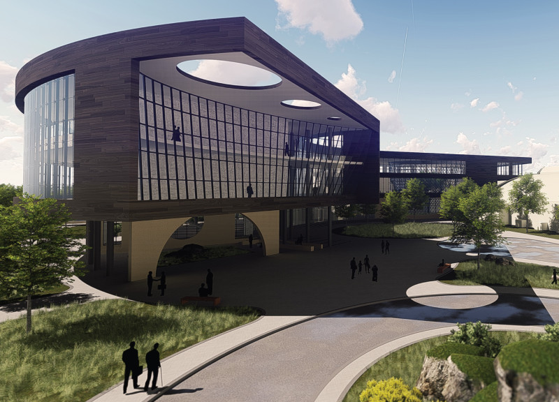 Curvilinear Form With Glass Apertures and Biophilic Timber-Focused Community Hub  
