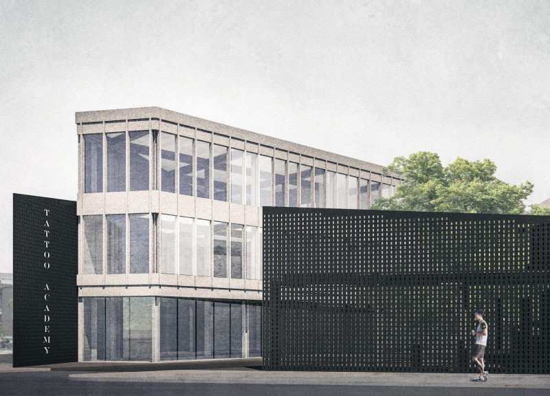Perforated Metal Screening and Modular Concrete Form: An Artistic Hub for Tattoo Education  