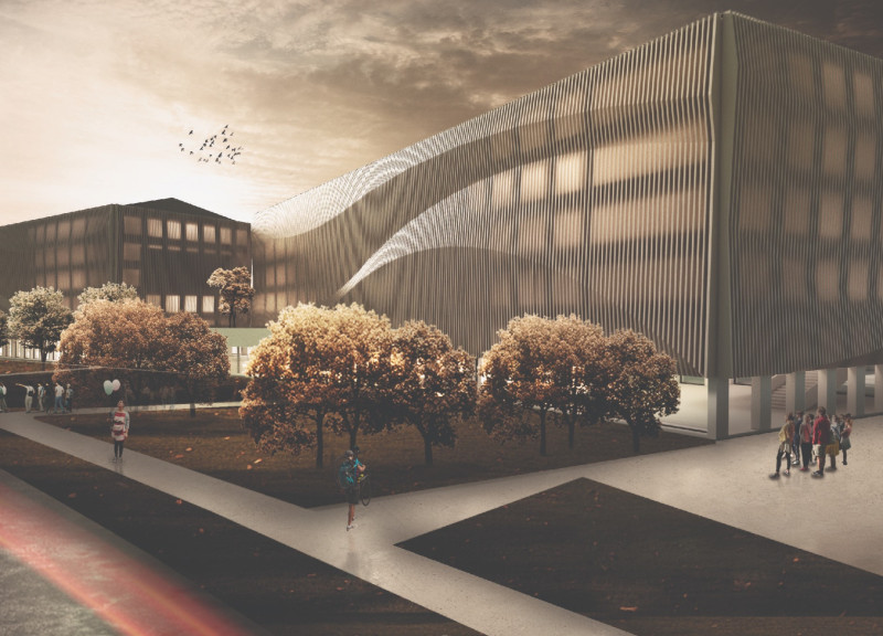 Curvilinear Space Framed in Charred Wooden Shingles and Natural Light for a Community Auditorium  