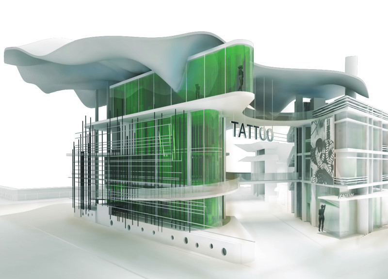 Tensile Fabric Facade Complements Sustainable Glass and Concrete Art Hub  