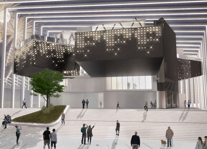 Pavements of Charred Timber and Dynamic Arches Defining Community Gatherings