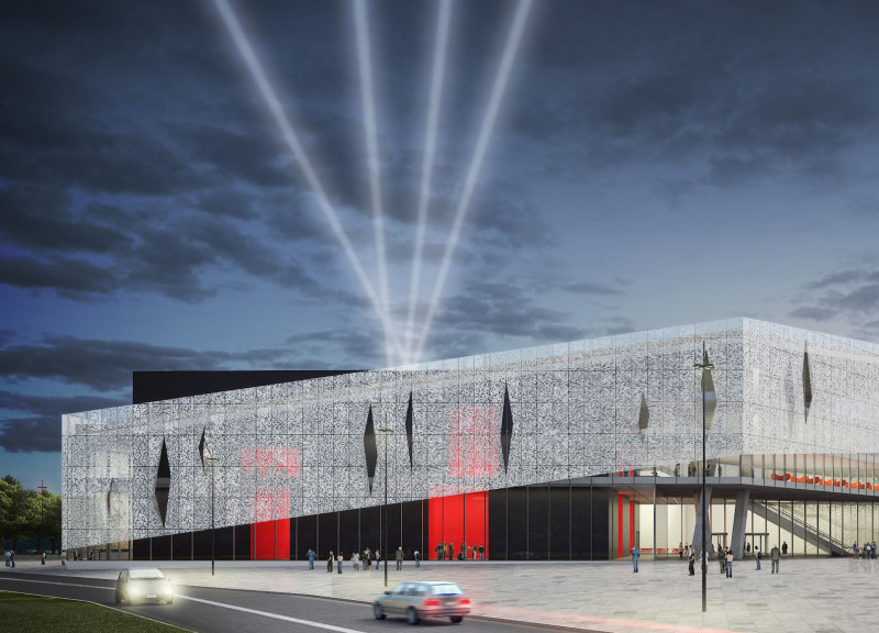 Charred Wood Shingles and Glass Façade Define A Multi-Functional Auditorium Near The Danube