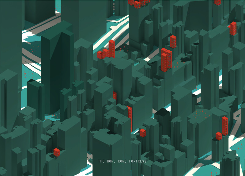 Fortress-Like Residences Featuring Bright Red Accents and Expansive Green Spaces in a High-Density Urban Environment