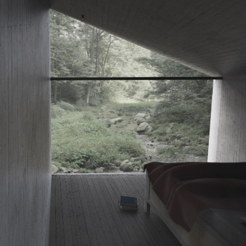 Meditation Retreat Emphasizing Cedar Wood and Concrete Integration in a Natural Landscape