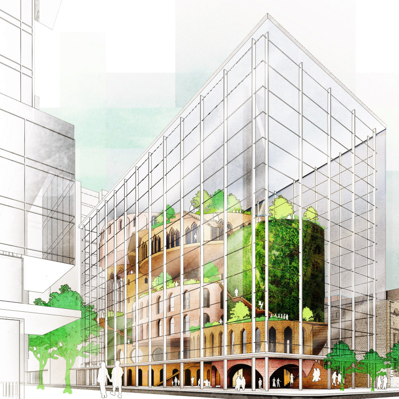 Vertical Gardens Enveloping Transparent Facades Crafted From Natural Materials for Community Engagement