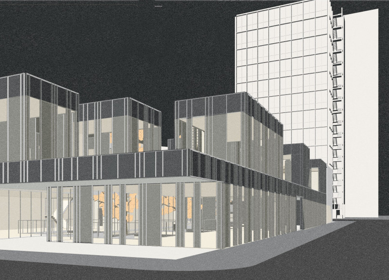 Charred Wooden Shingles and Glass Facades Creating Communal Spaces in a Flexible Hub