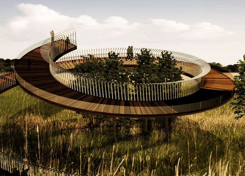 Thermally Modified Wood Structure Offering Panoramic Wetland Views Through an Elegant Spiral Design