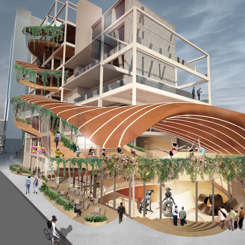 Charred Wooden Shingles and Reinforced Concrete Shape a Dynamic Community Hub  
