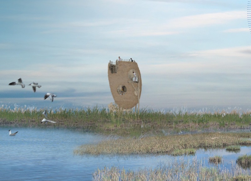 Sound Amplifying Observation Tower With Charred Wooden Shingles And Pressure-Treated Structure