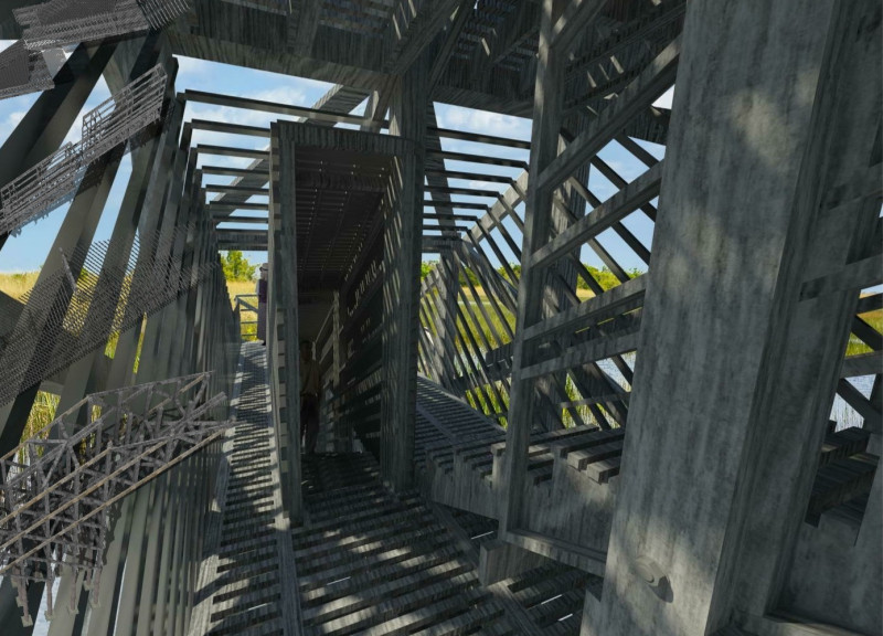 Charred Wood Shingles and Concrete Ramps Create Seamless Integration with Wetlands for Bird Observation  