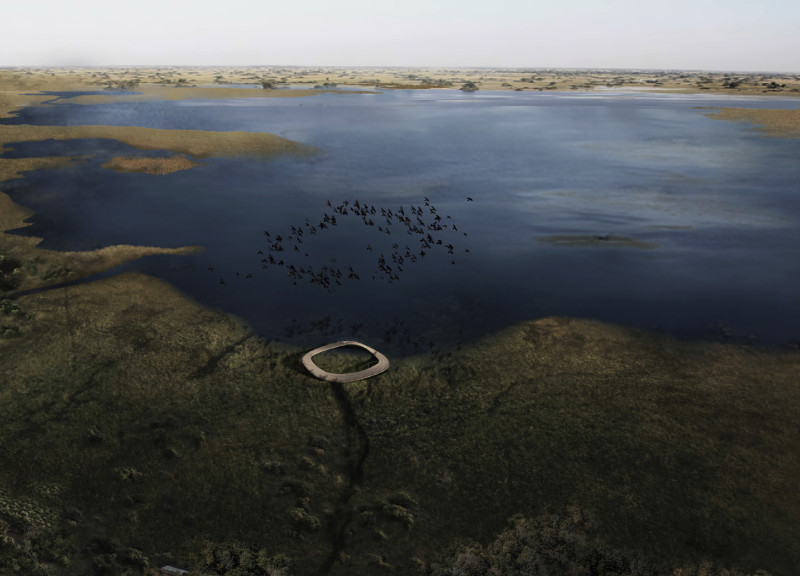 Curvilinear Observation Deck Crafted from Charred Wood and Steel Framework Overlooking Wetlands