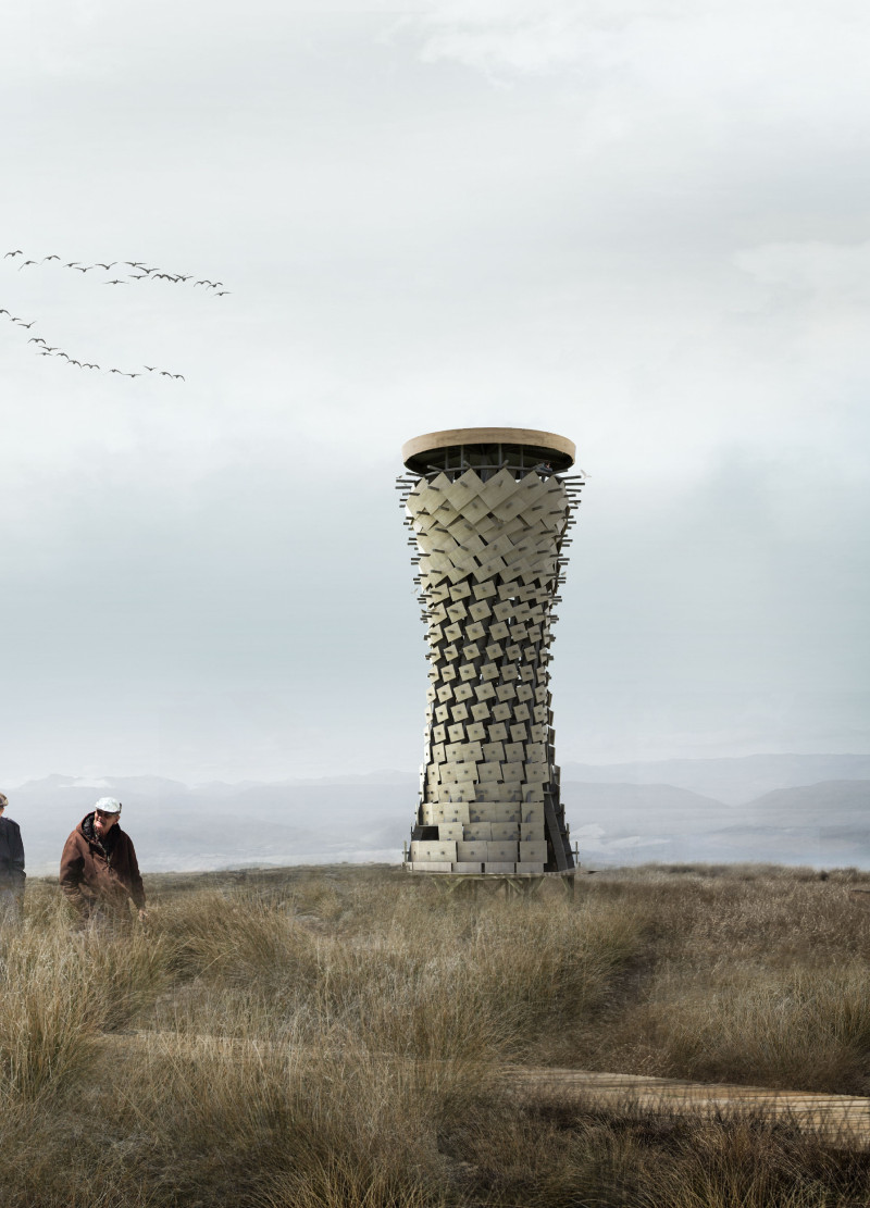Charred Wooden Shingles and Dowel Joint Construction in a Nature-Integrated Observation Tower