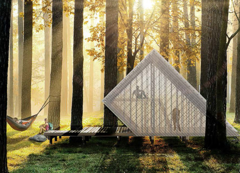Translucent Polycarbonate Cladding and Elevated Timber Structure for Nature-Centric Refuge  