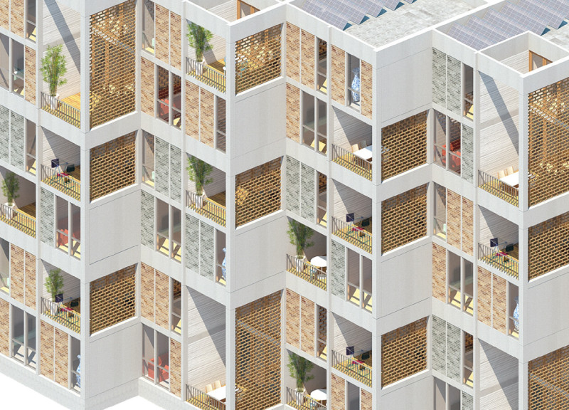 Charred Wooden Shingles and Recycled Brick Facades in Intergenerational Housing Solutions  