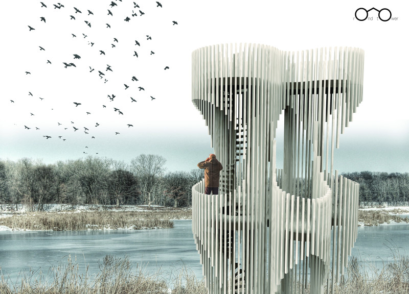 Observation Tower Crafted from Larch Wood Fins Emphasizing Integration with Wetland Ecosystems  