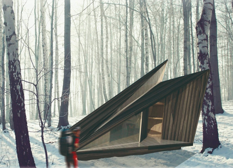 Slanted Birch Veneer Shelter Embracing Coastal Retreats