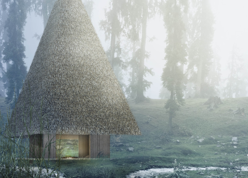 Thatched Roof Pavilion Crafted From Local Timber For Tranquil Retreat in the Forest
